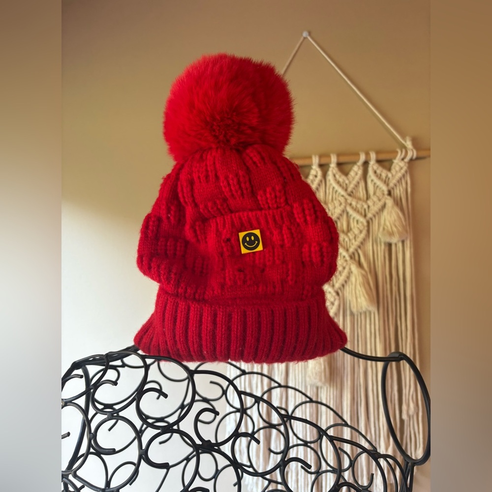 Red Knit Fleece Lined  Beanie Hat with Giant Pom Pom and Smiley Face Patch